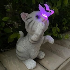 New in box solar light butterfly grey cat statue